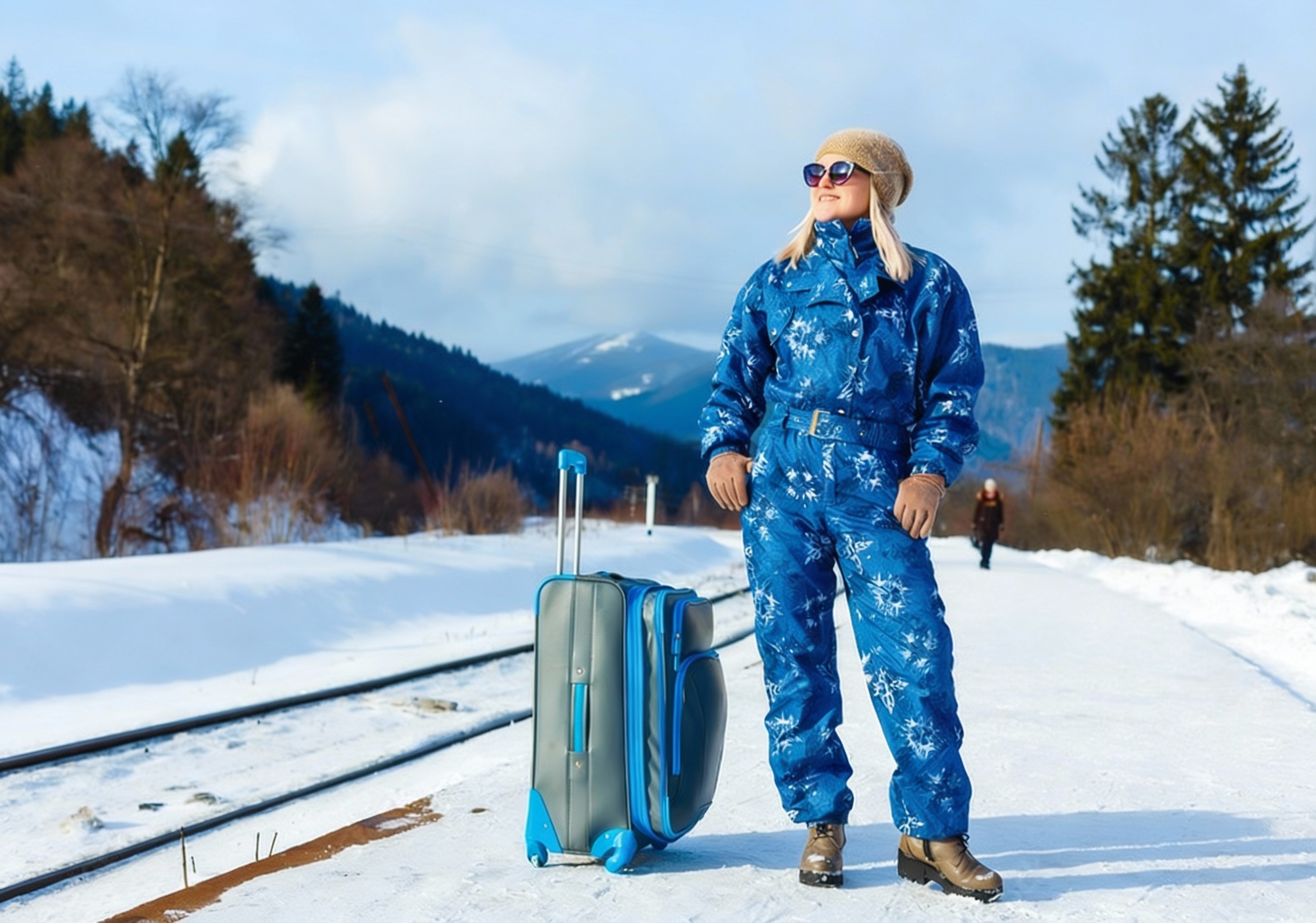 Podróżująca kobieta w zimie z bagażem